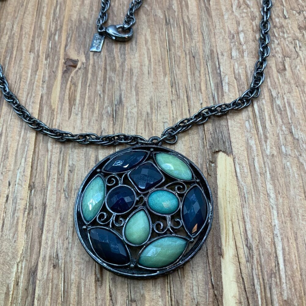 1928 Mosaic Style Green Deep Blue Faceted Pendant Gunmetal Chain Necklace